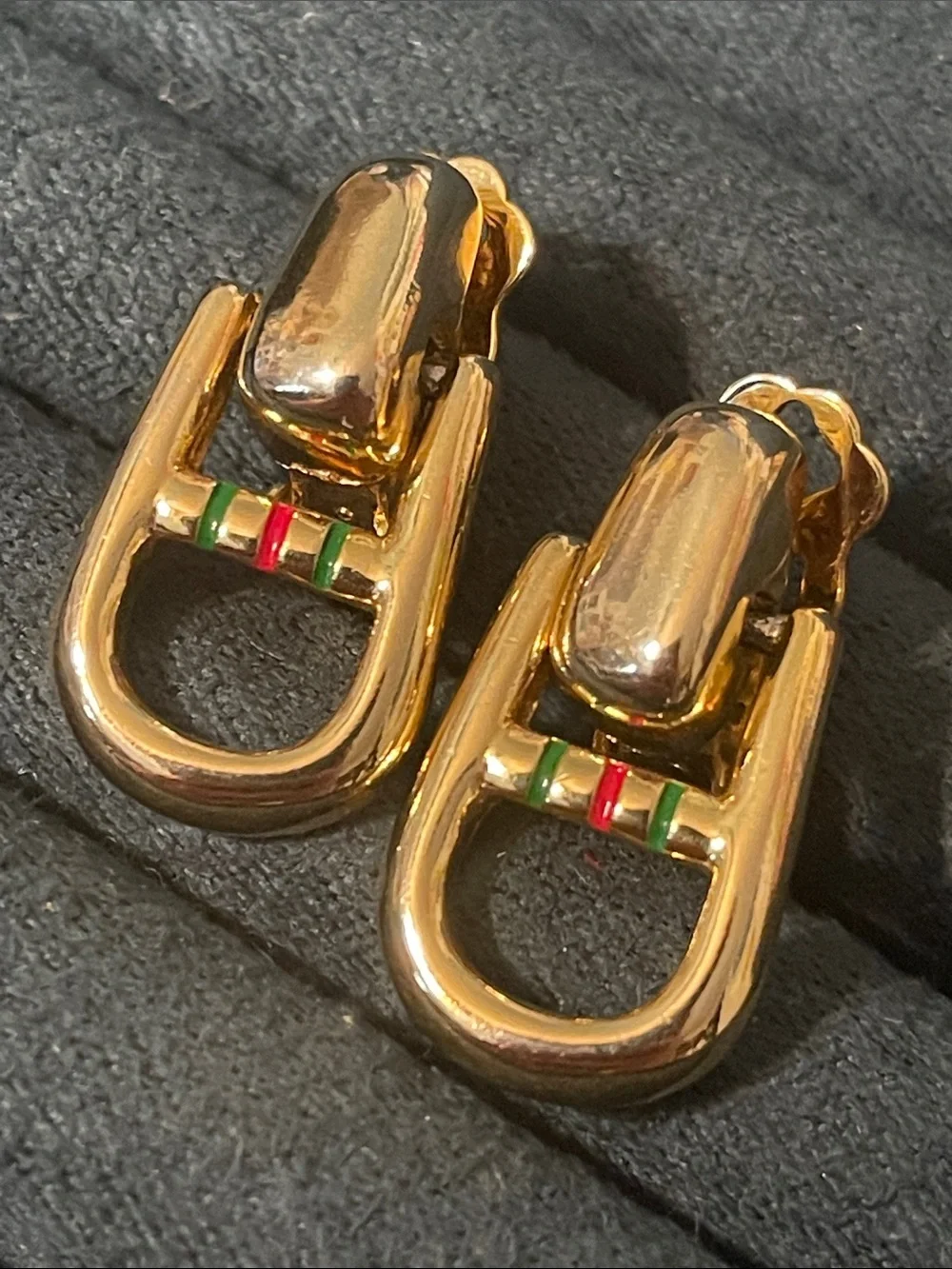 Vintage Paolo Gucci Stirrup Enamel Striped Door-Knocker Style Clip On Earrings